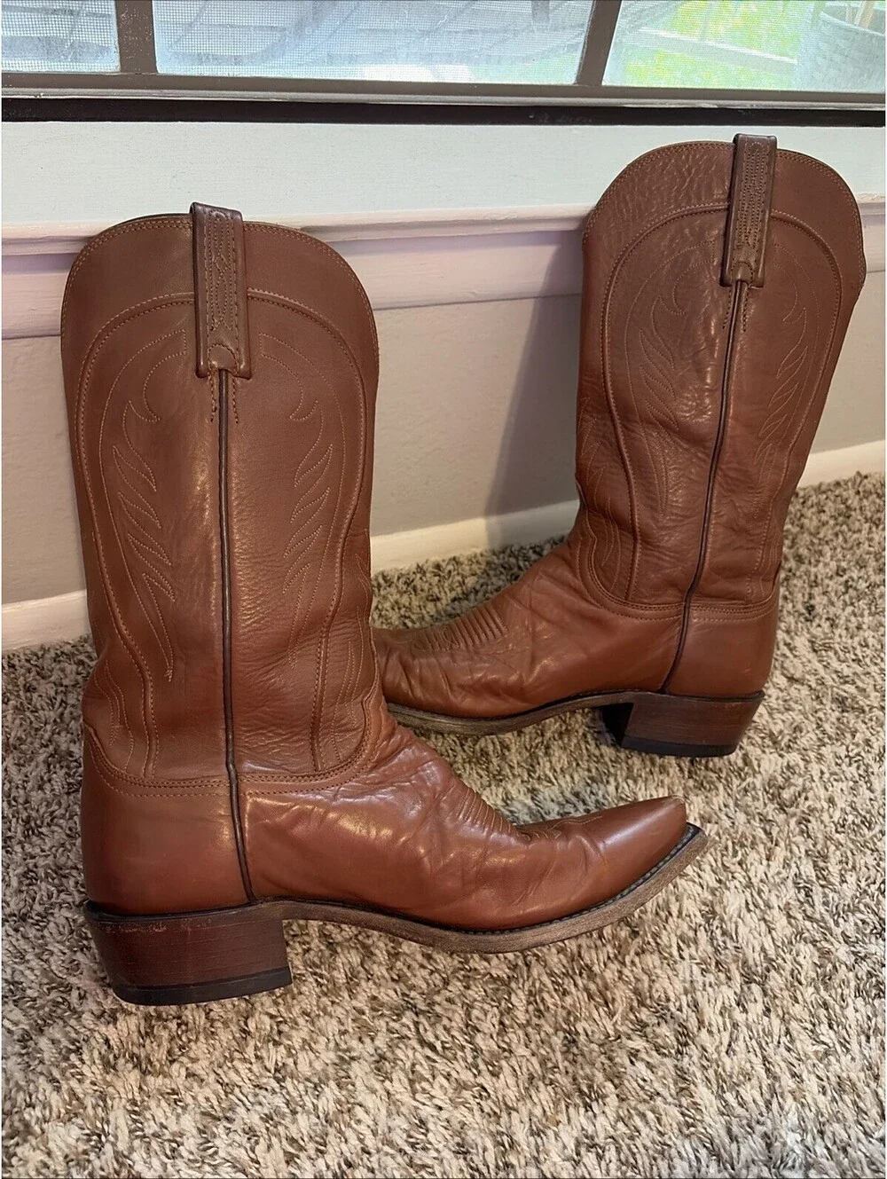 Lucchese Men's Brown Leather Ranch Hand Western Cowboy Boots Pull-On Size 9 D